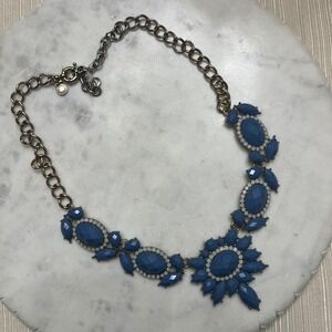 J.Crew Blue Statement Necklace Bib Gold Tone Beaded Sunburst Resin Stone Jewelry